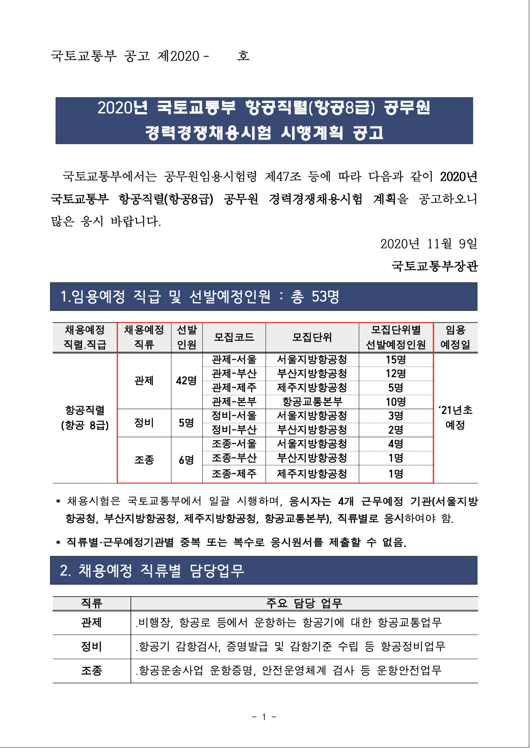 2020년 국토교통부 항공직렬(항공8급) 공무원 경력경쟁채용 공고